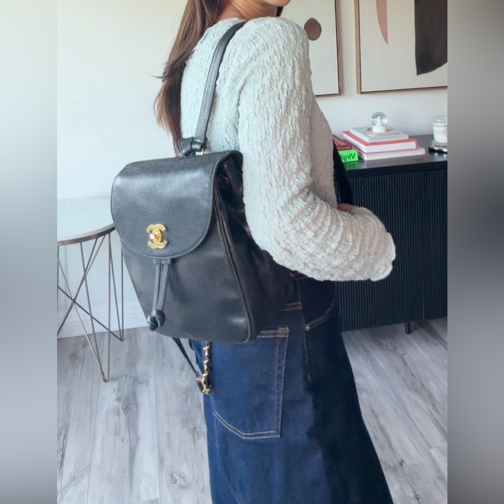 CHANEL Black Caviar Leather Drawstring Backpack with Gold CC - Picture 2 of 10